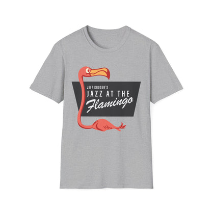 Grey t-shirt with a pink flamingo and text "Jeff Kruger's Jazz at the Flamingo".