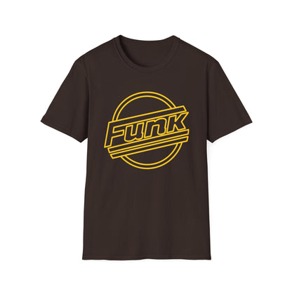 Brown t-shirt with yellow "Funk" graphic in a circular design.