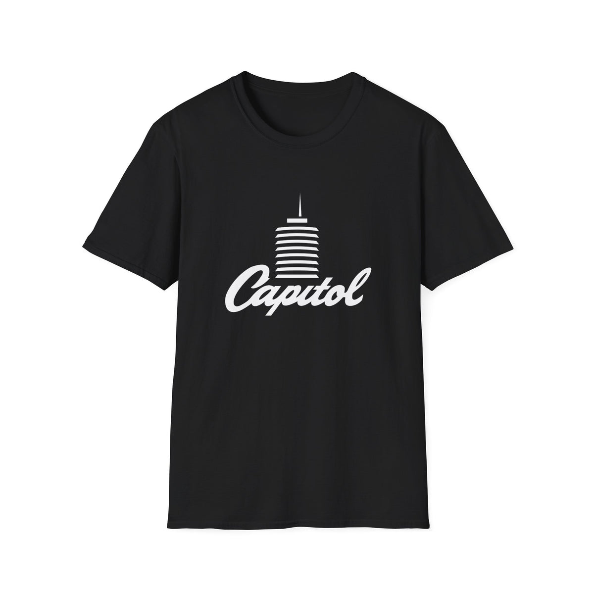 Black t-shirt with white text and building logo that says "Capitol".