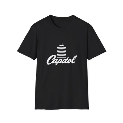 Black t-shirt with white text and building logo that says "Capitol".