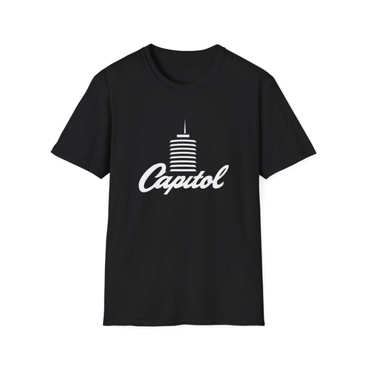 Black t-shirt with white text and building logo that says "Capitol".