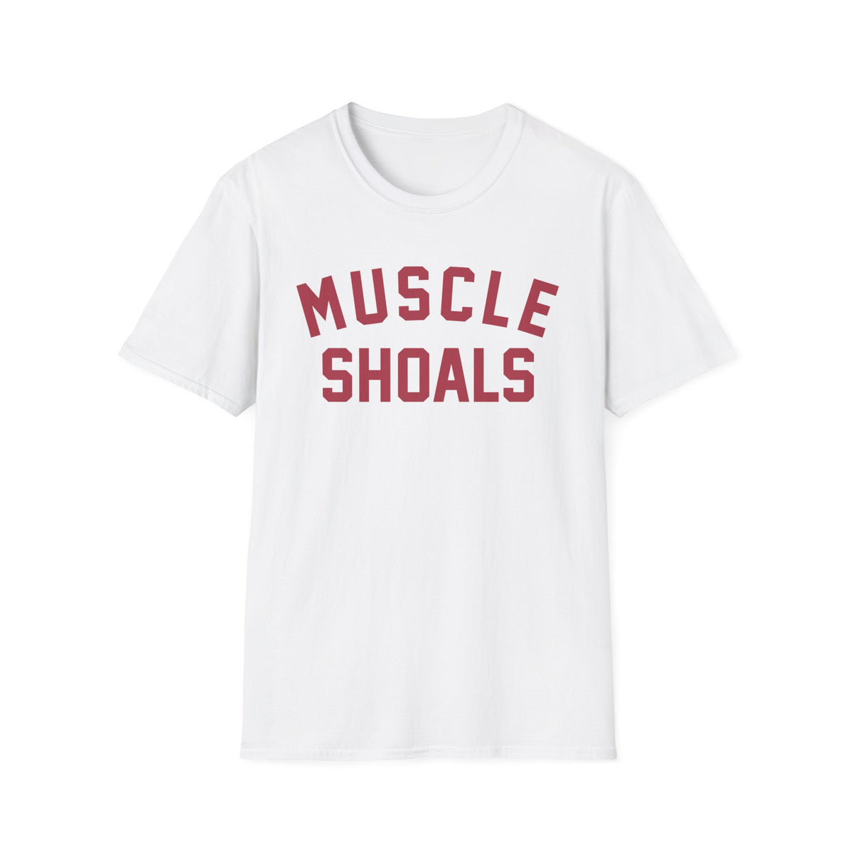 White t-shirt with "MUSCLE SHOALS" text in maroon.