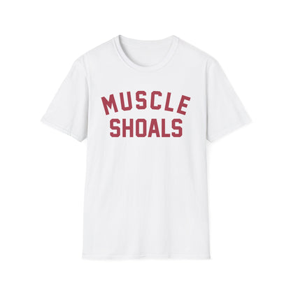 White t-shirt with "MUSCLE SHOALS" text in maroon.
