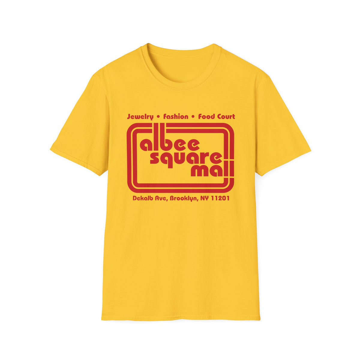 Yellow t-shirt with red "Albee Square Mall" logo and address.