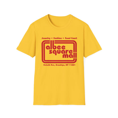 Yellow t-shirt with red "Albee Square Mall" logo and address.