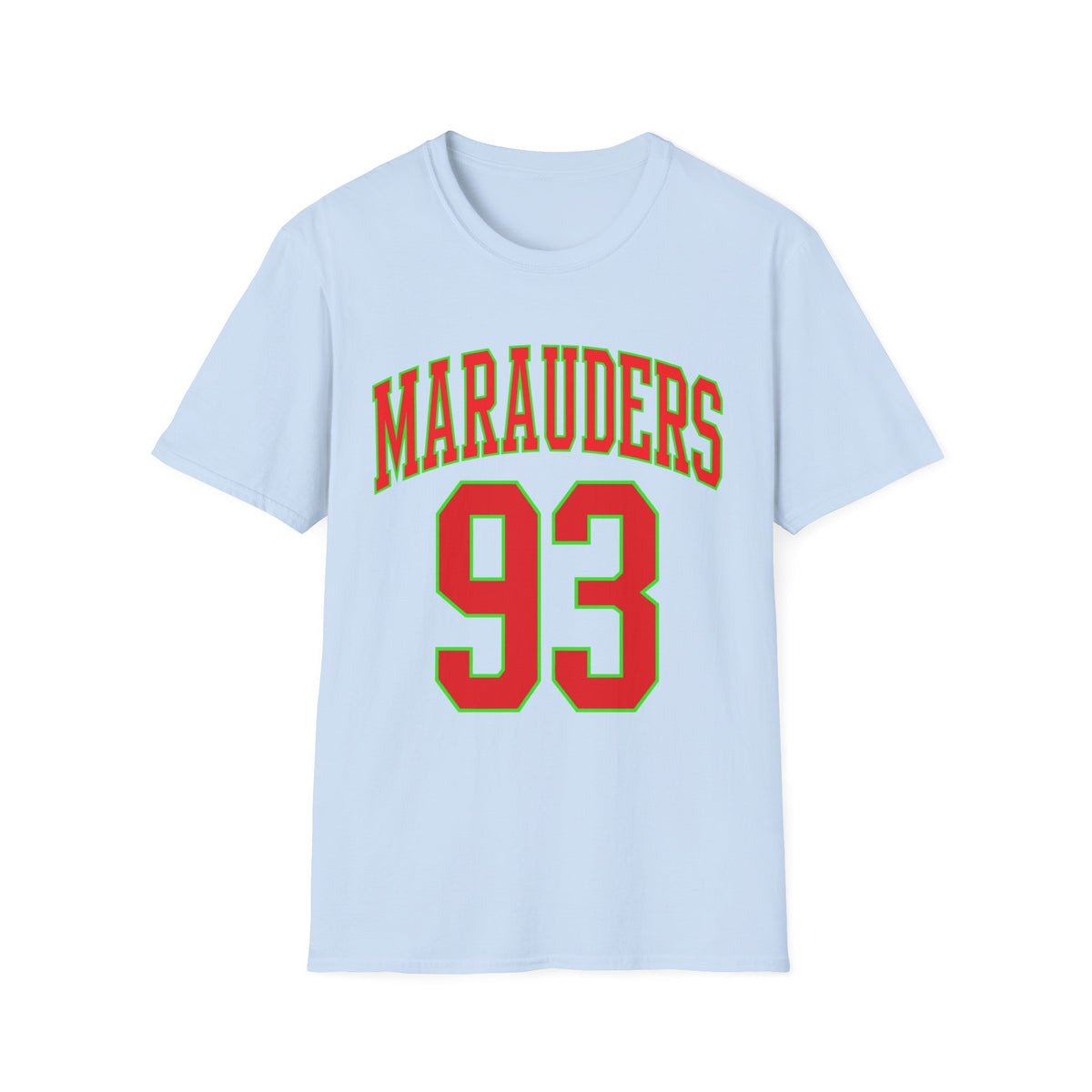 Light blue t-shirt with red "Marauders" text and "93" number.