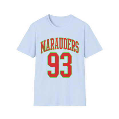 Light blue t-shirt with red "Marauders" text and "93" number.