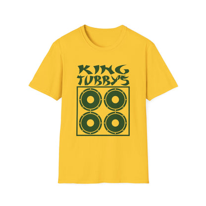Yellow t-shirt with green "KING TUBBY'S" text and four speaker graphic.