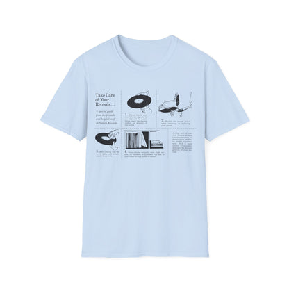 Light blue t-shirt with black line art and text about record care.