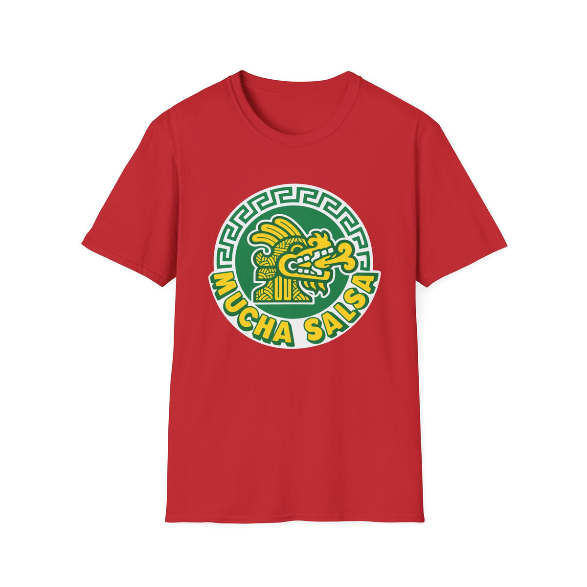 Red t-shirt with "Mucha Salsa" in a circular logo featuring a green Aztec-style serpent head.