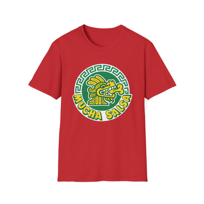 Red t-shirt with "Mucha Salsa" in a circular logo featuring a green Aztec-style serpent head.