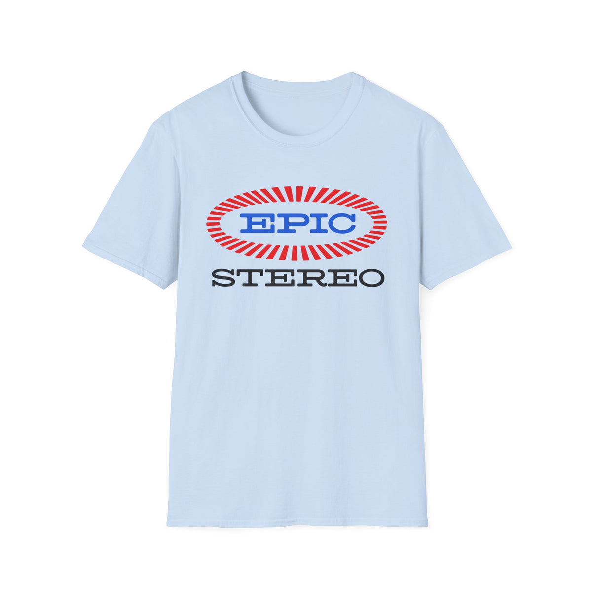 Light blue t-shirt with red and blue "EPIC" logo and black "STEREO" text.