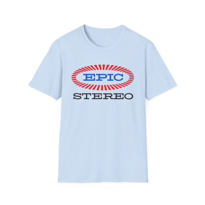 Light blue t-shirt with red and blue "EPIC" logo and black "STEREO" text.
