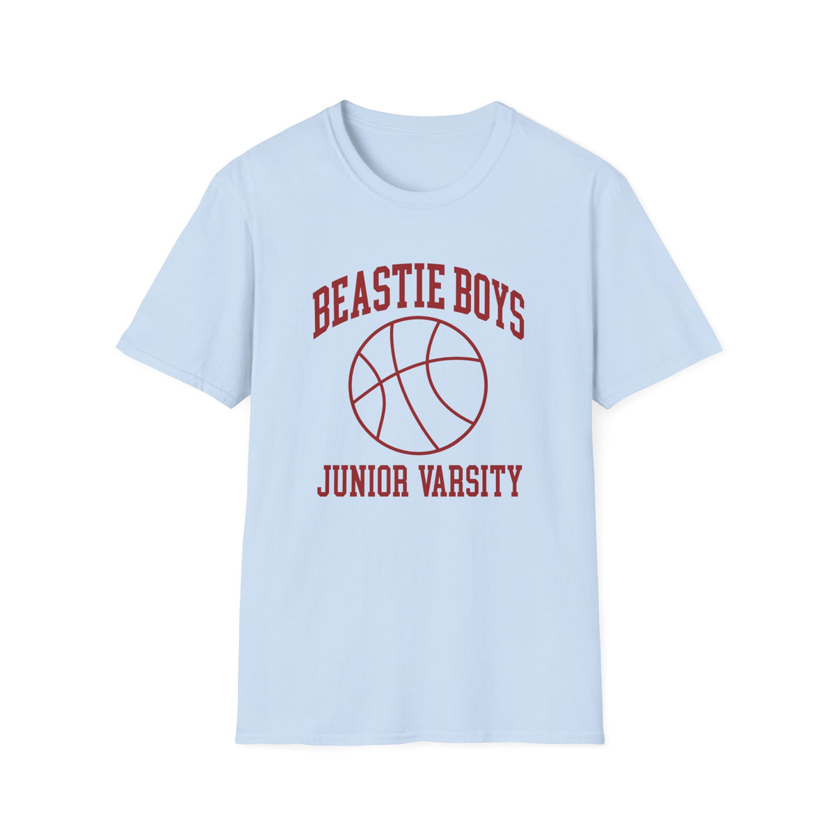 Light blue t-shirt with red Beastie Boys Junior Varsity basketball graphic.