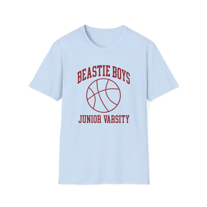 Light blue t-shirt with red Beastie Boys Junior Varsity basketball graphic.