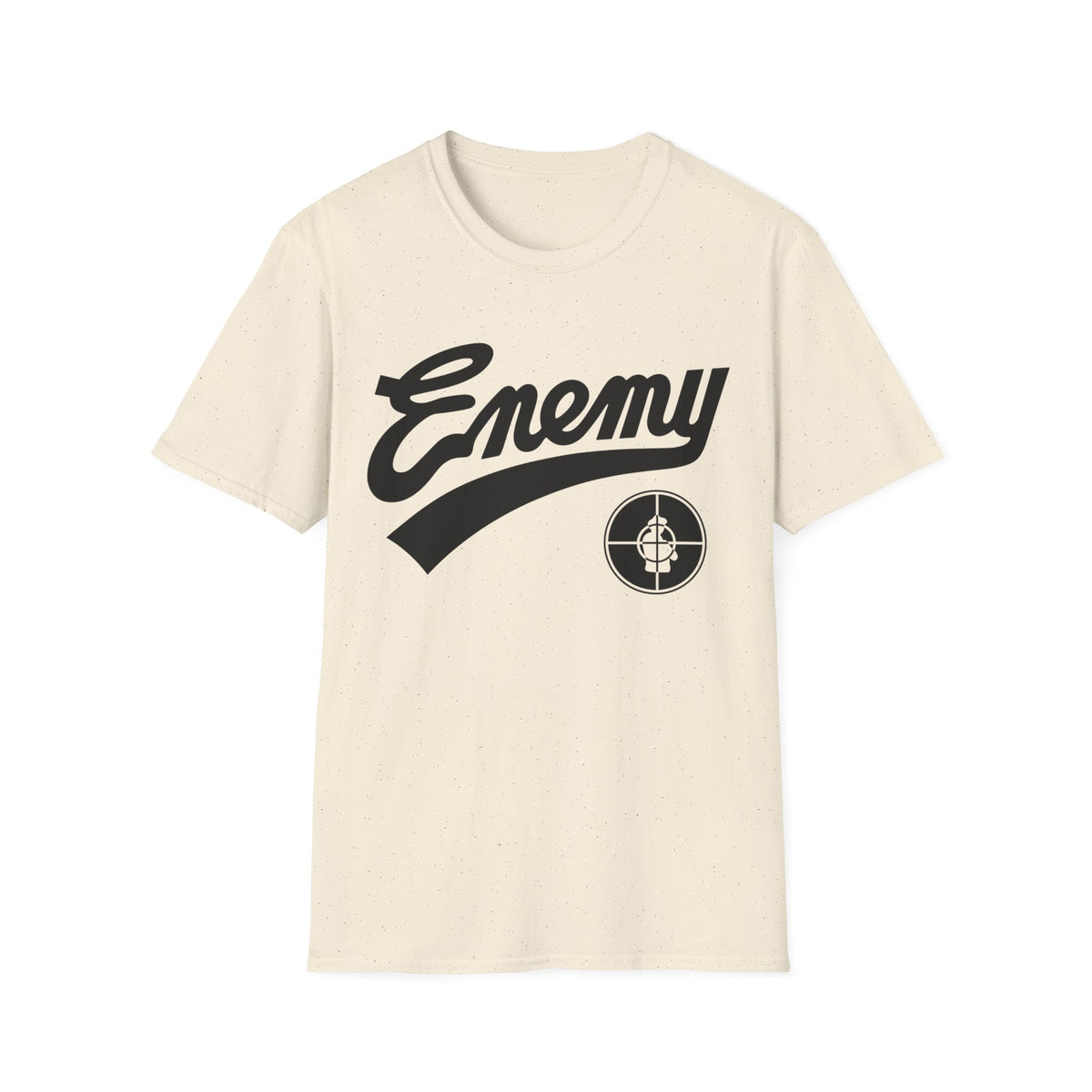 Cream t-shirt with black "Enemy" text and circular logo on chest.