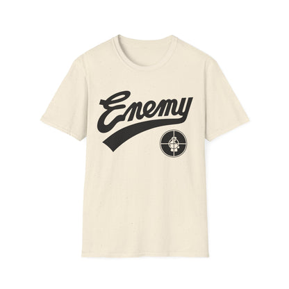 Cream t-shirt with black "Enemy" text and circular logo on chest.
