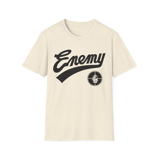 Cream t-shirt with black "Enemy" text and circular logo on chest.