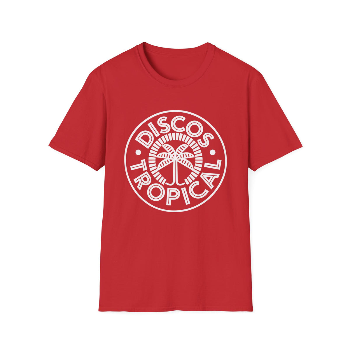 Red t-shirt with white "DISCOS TROPICAL" circular logo featuring a palm tree.