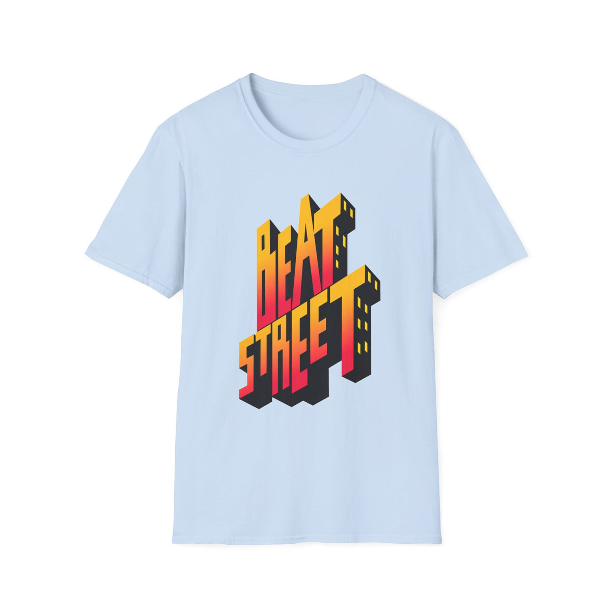 Light blue t-shirt with bold, 3D "BEAT STREET" text graphic in yellow, red, and black.