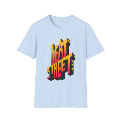 Light blue t-shirt with bold, 3D "BEAT STREET" text graphic in yellow, red, and black.