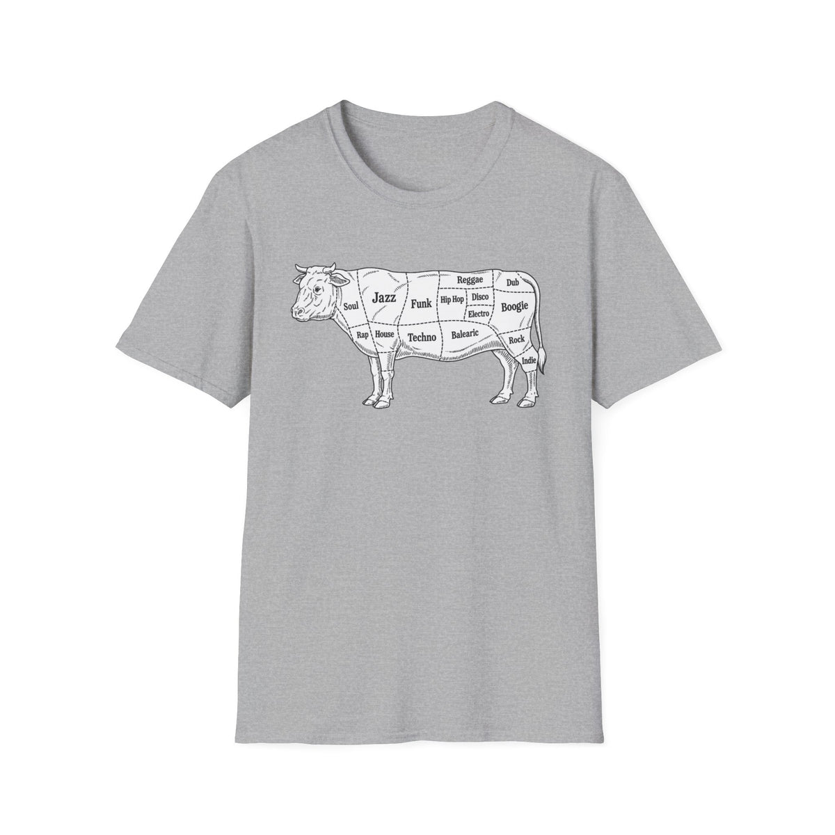 T-shirt with a black and white drawing of a cow labeled with music genres.