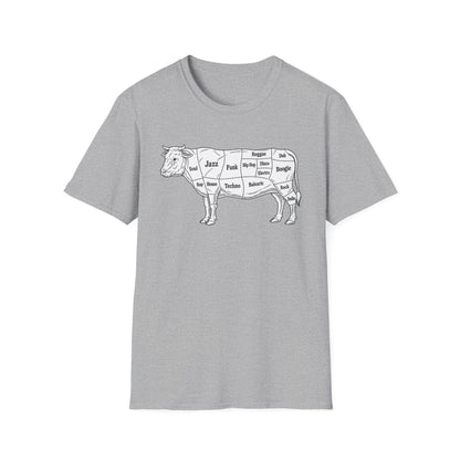 T-shirt with a black and white drawing of a cow labeled with music genres.