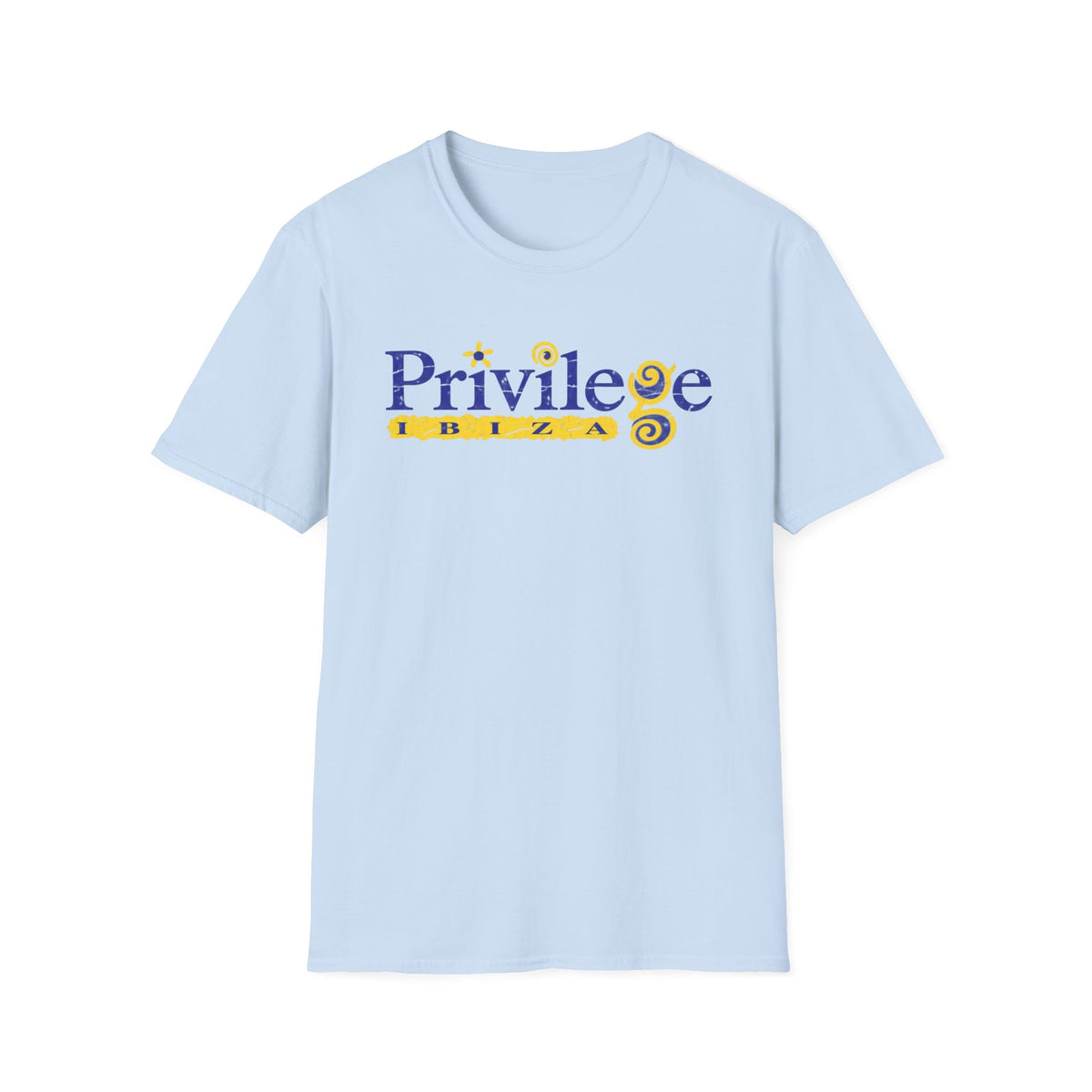 Light blue t-shirt with "Privilege Ibiza" text graphic in blue and yellow.