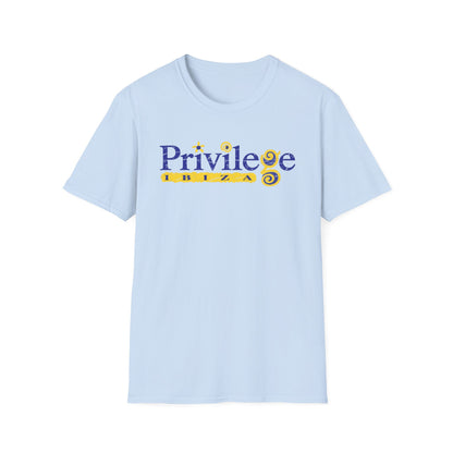 Light blue t-shirt with "Privilege Ibiza" text graphic in blue and yellow.