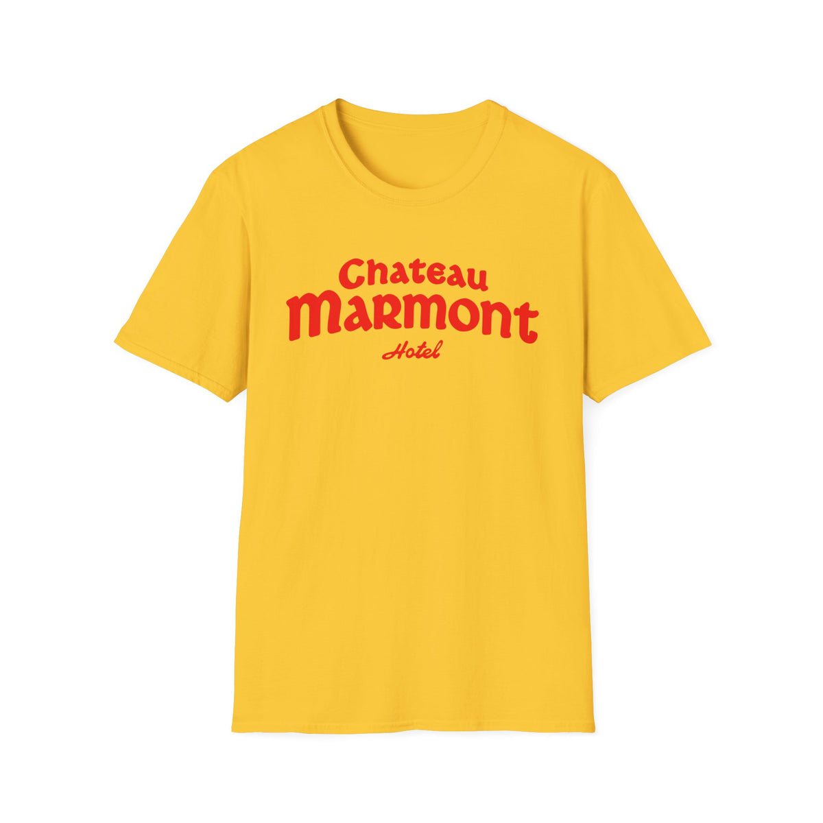 Yellow t-shirt with red "Chateau Marmont Hotel" text.