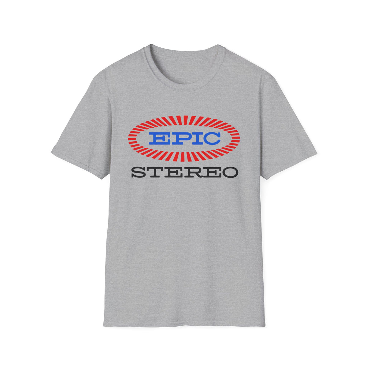 Grey t-shirt with blue "EPIC" text in a red, striped oval and black "STEREO" text below.