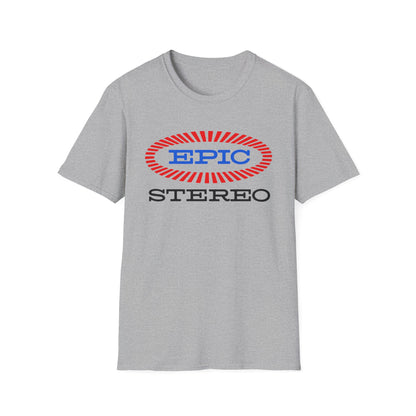Grey t-shirt with blue "EPIC" text in a red, striped oval and black "STEREO" text below.