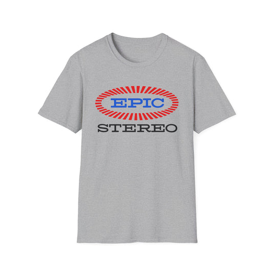 Grey t-shirt with blue "EPIC" text in a red, striped oval and black "STEREO" text below.