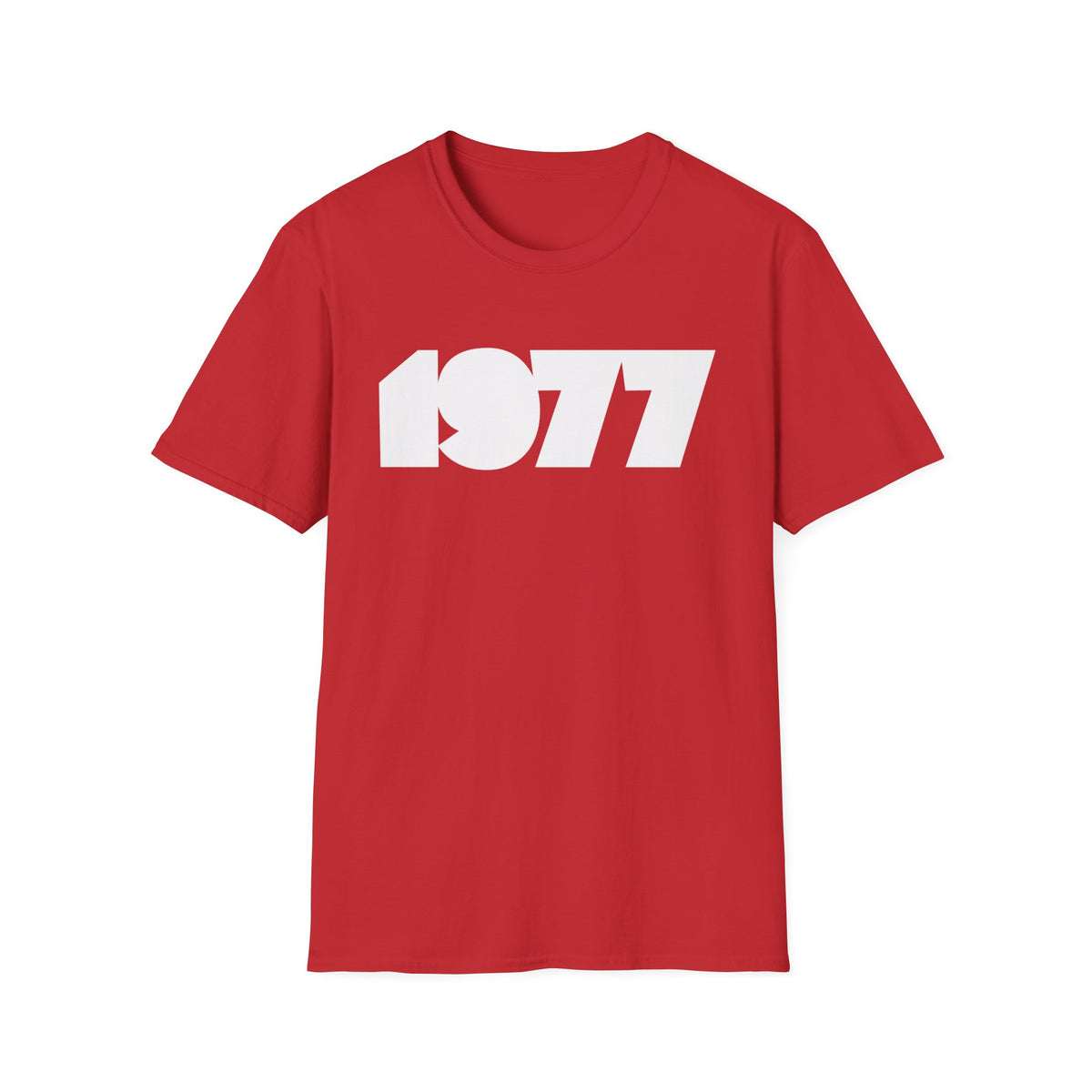Red t-shirt with white text that reads "1977".
