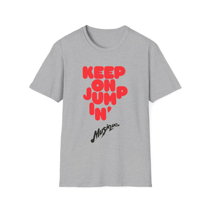 Grey t-shirt with red text "KEEP ON JUMP'N" and black text "Musique".