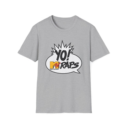 Grey t-shirt with "YO! MTV RAPS MUSIC TELEVISION" graphic in a comic bubble.
