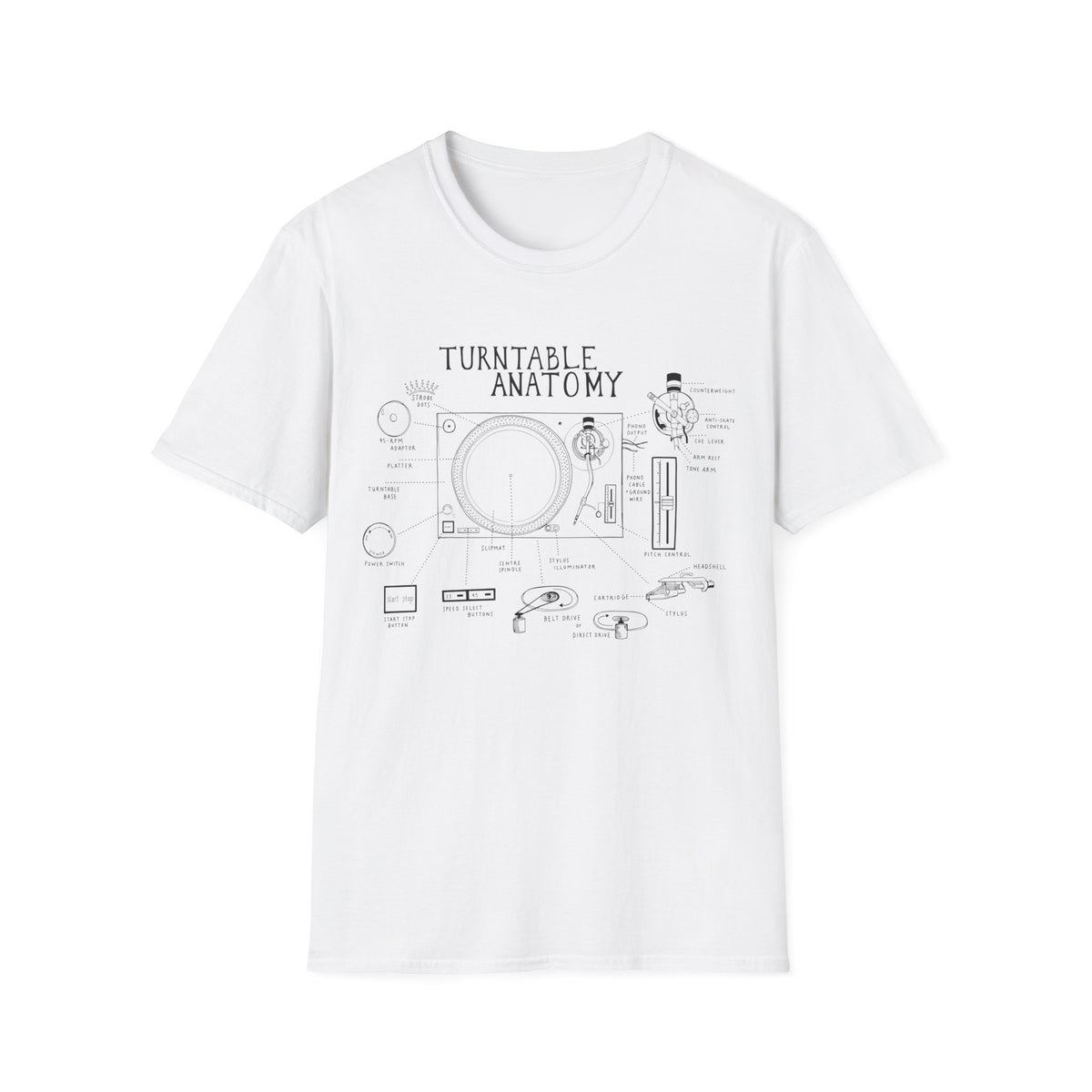 White t-shirt with "Turntable Anatomy" diagram of a record player.