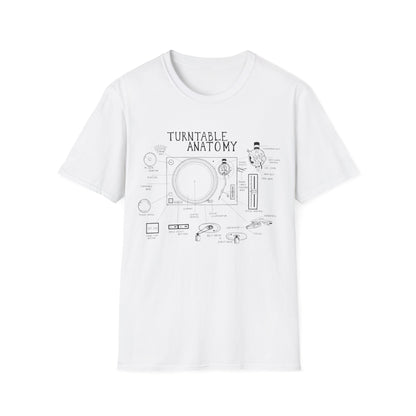 White t-shirt with "Turntable Anatomy" diagram of a record player.