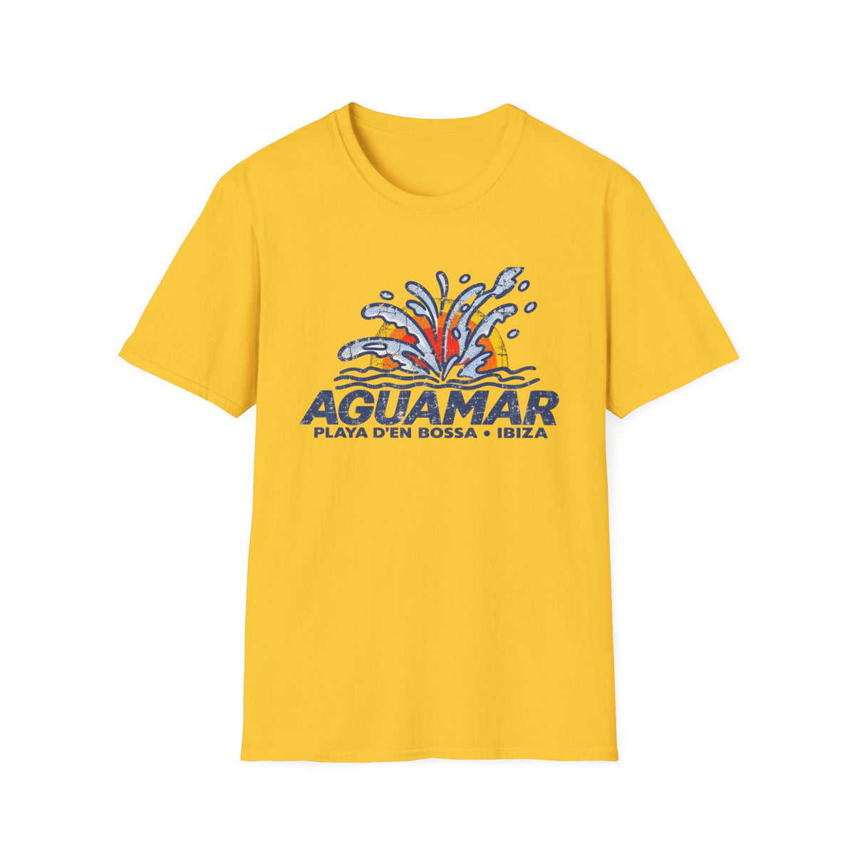Yellow t-shirt with "AGUAMAR PLAYA D'EN BOSSA IBIZA" text and a water splash graphic.