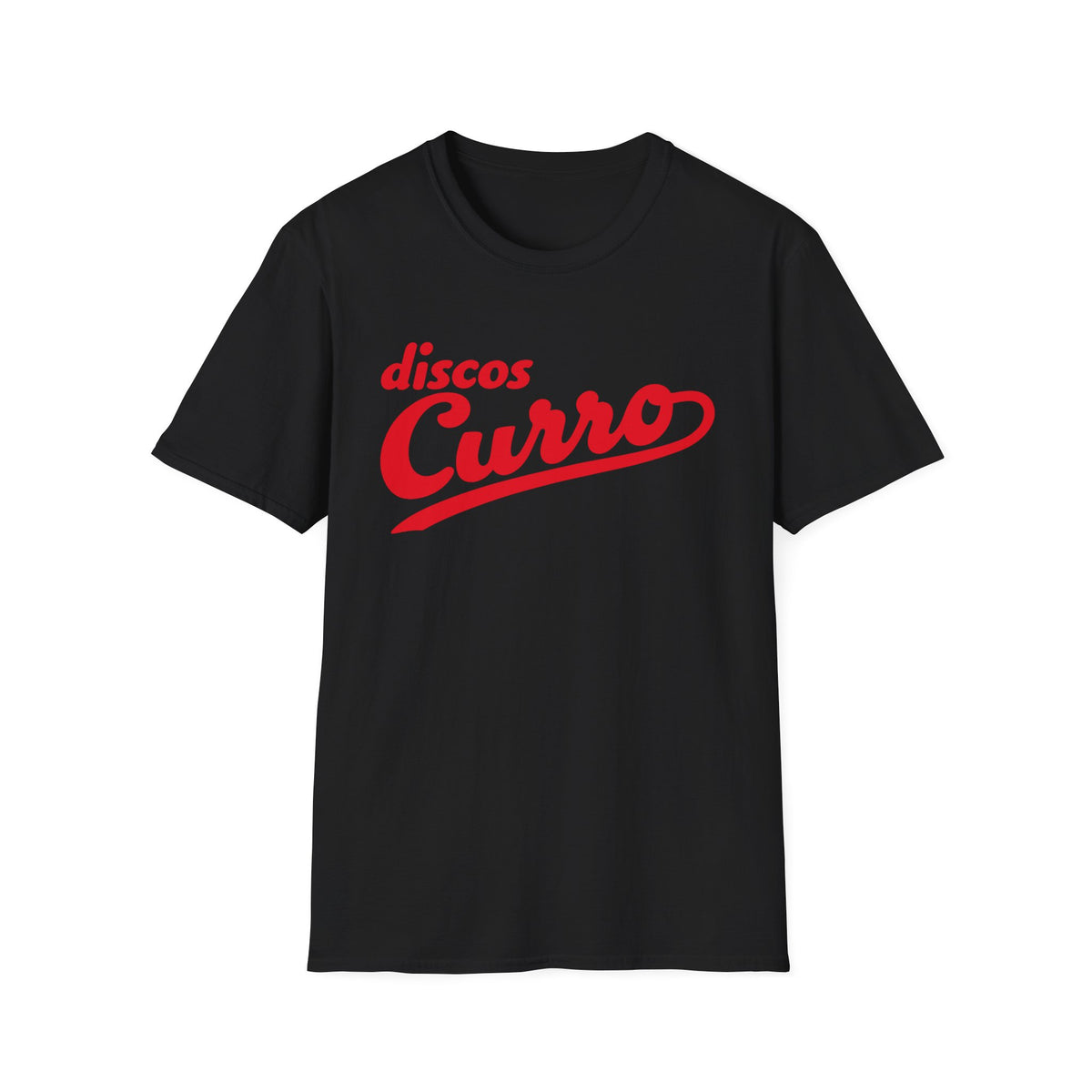 Black t-shirt with red "discos Curro" text logo.