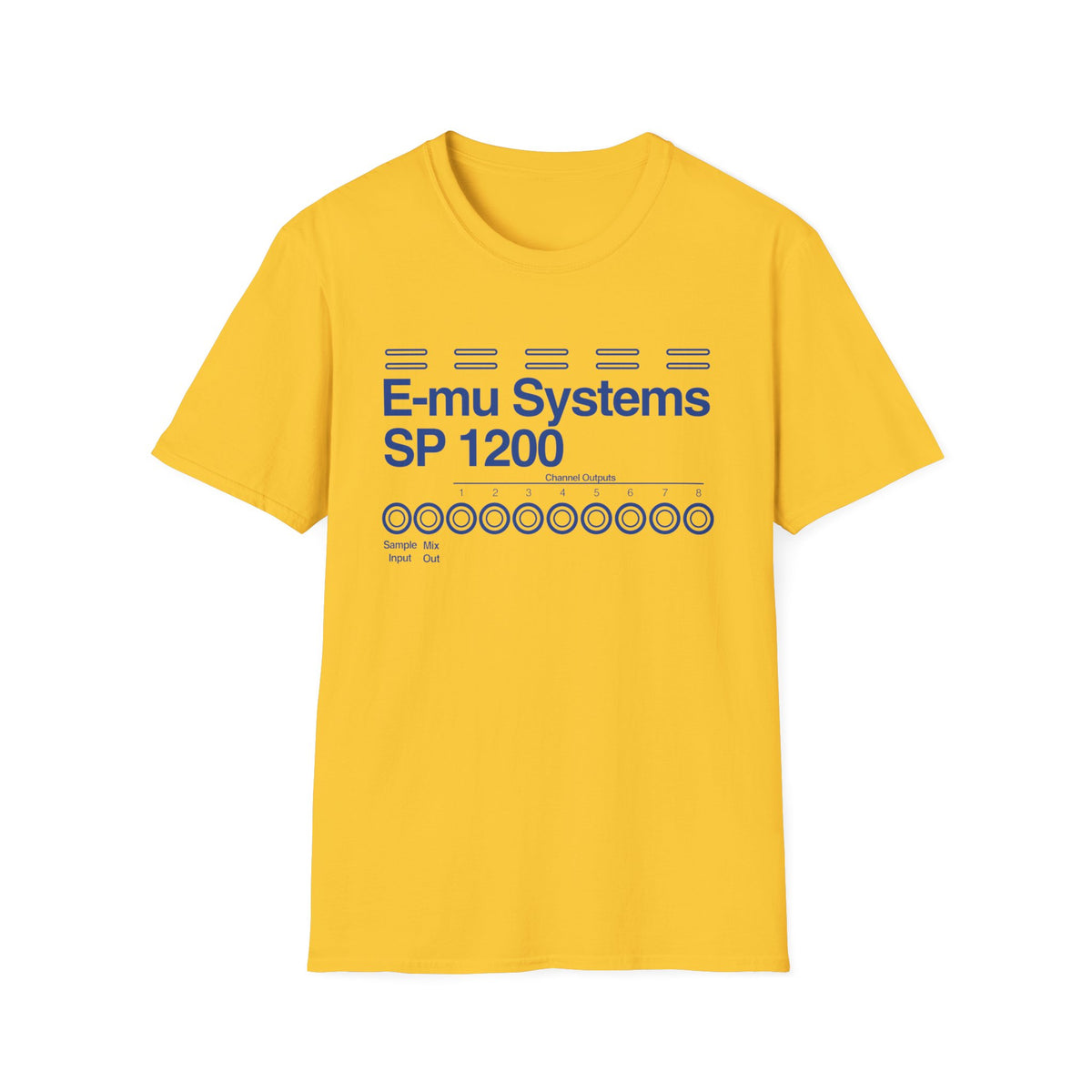 Yellow t-shirt with blue E-mu Systems SP 1200 logo and channel outputs.