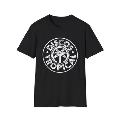 Black t-shirt with white "DISCO TROPICAL" text and palm tree graphic.