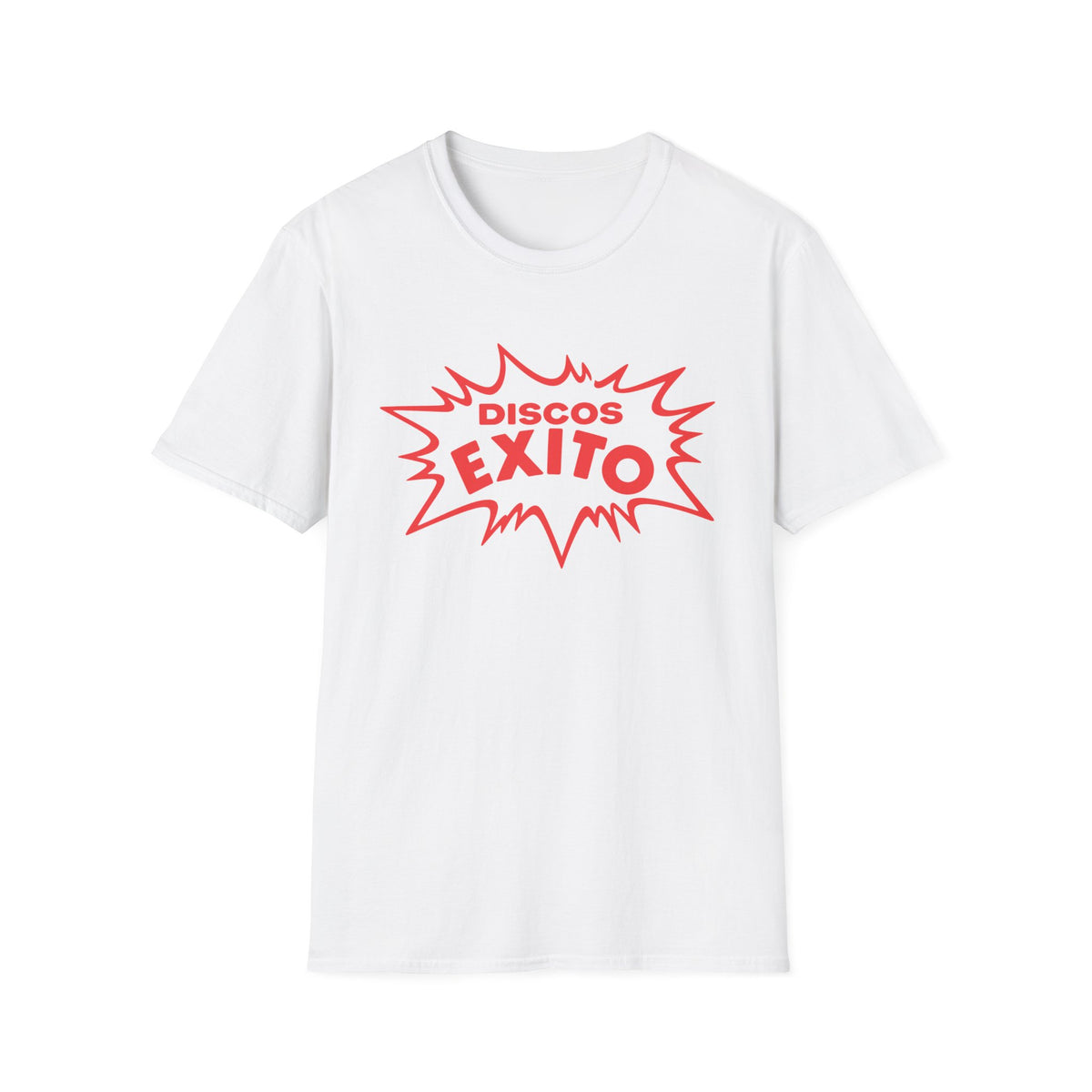 White t-shirt with red "DISCOS ÉXITO" text in a burst design.