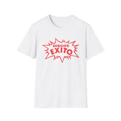 White t-shirt with red "DISCOS ÉXITO" text in a burst design.