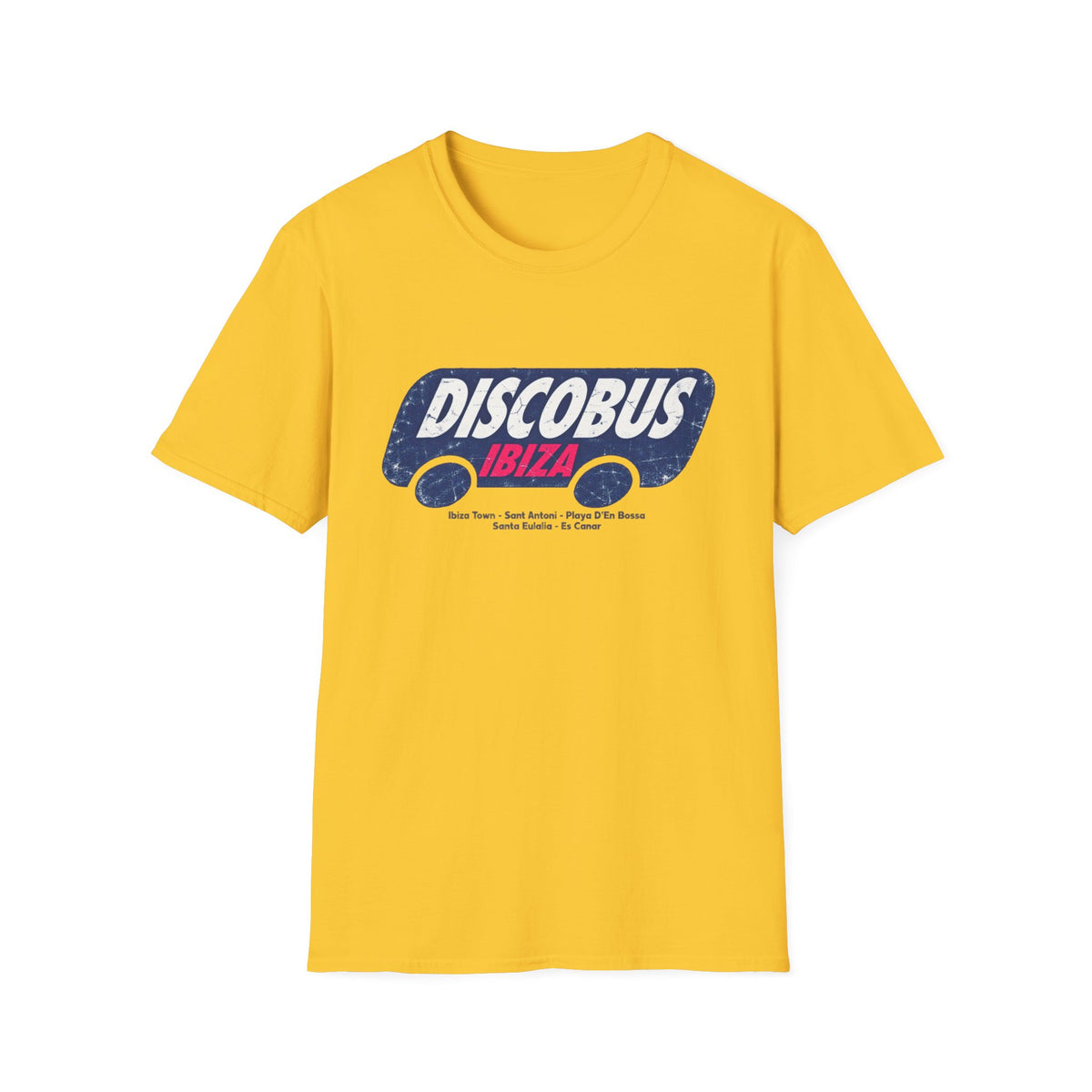 Yellow t-shirt with "DISCOBUS IBIZA" text and bus graphic.