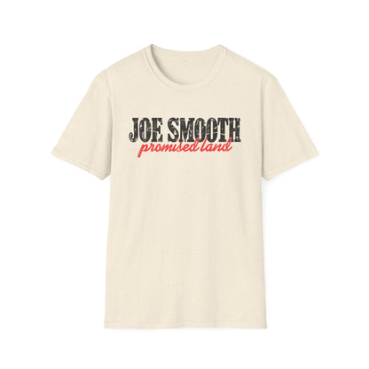 Cream t-shirt with black and red "JOE SMOOTH promised land" text.