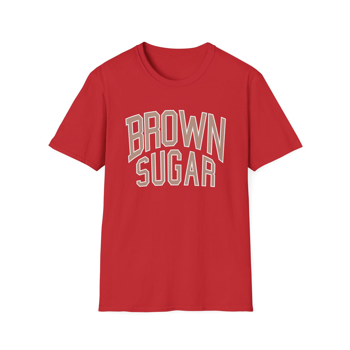 Red t-shirt with "BROWN SUGAR" text in beige and white outline.