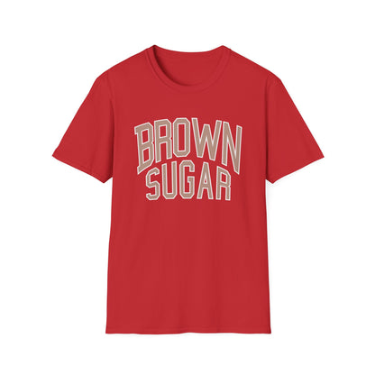 Red t-shirt with "BROWN SUGAR" text in beige and white outline.