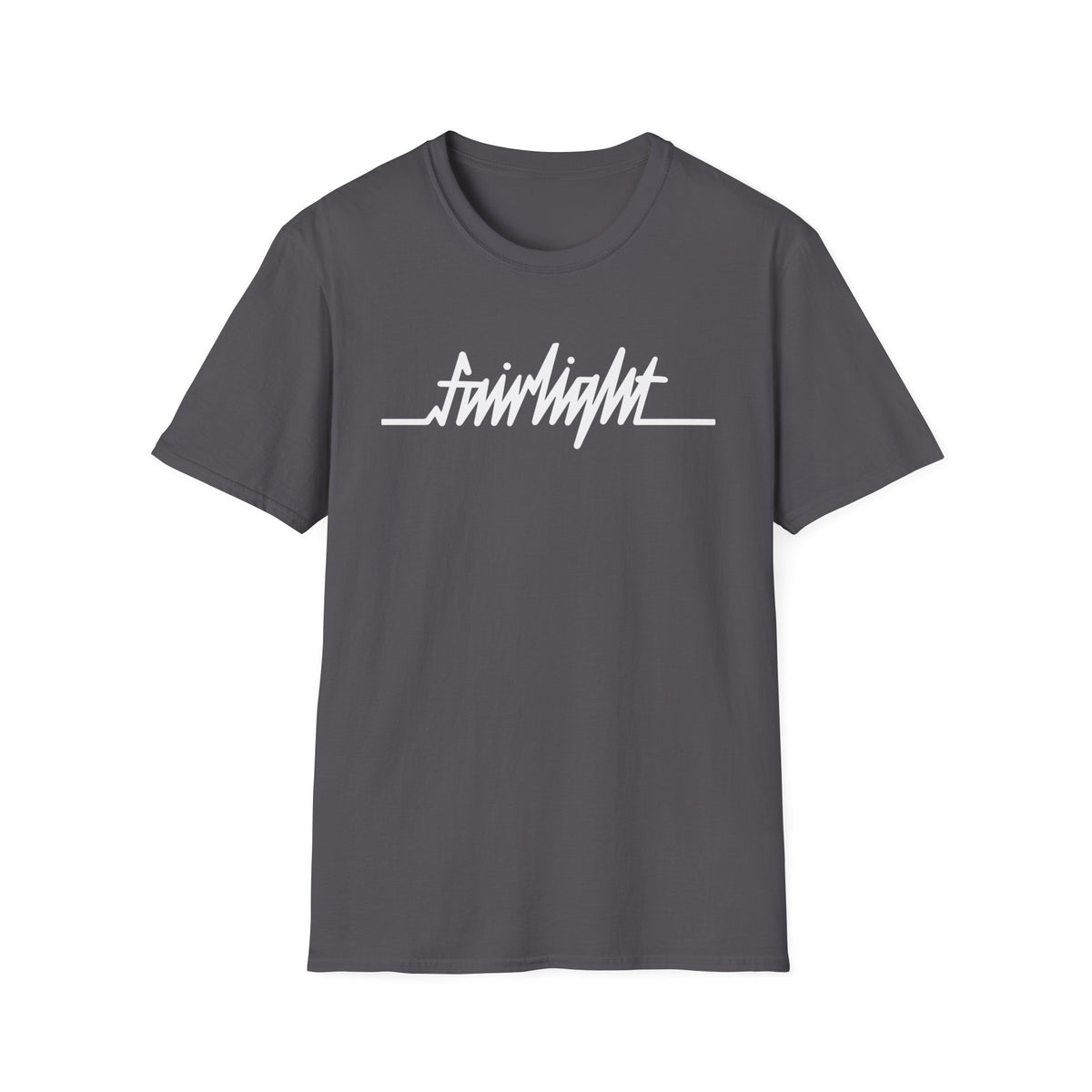 Dark grey t-shirt with white "Fairlight" logo and heartbeat line.