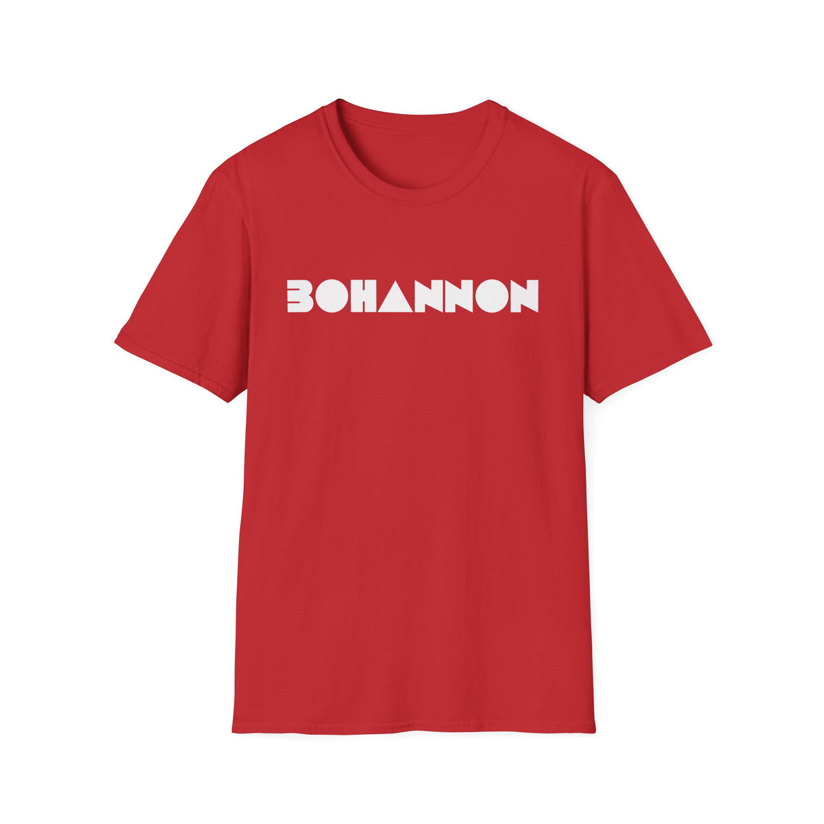 Red t-shirt with white "BOHANNON" text and geometric shapes.